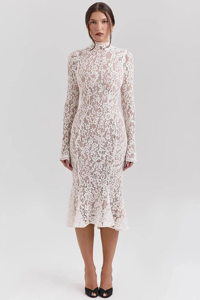Lace Long Sleeve High Waist Bodycon Midi Dress
