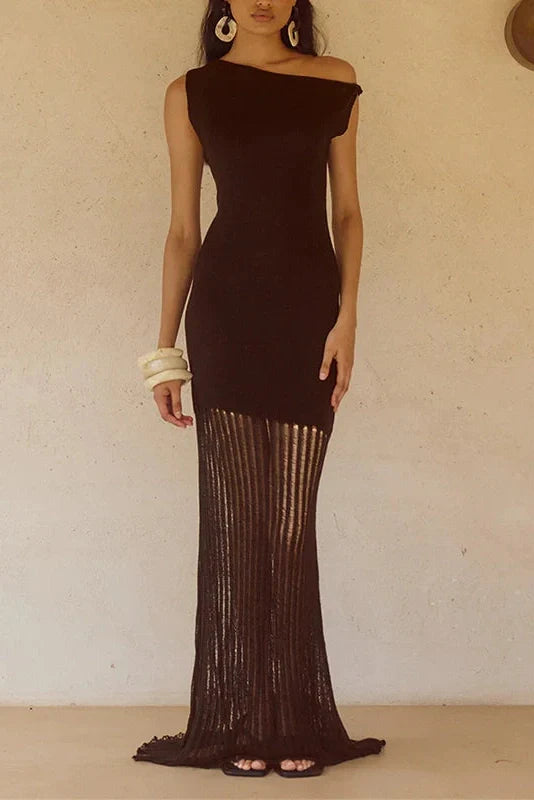 Knitted Slash Collar High Waist Slim Maxi Dress
