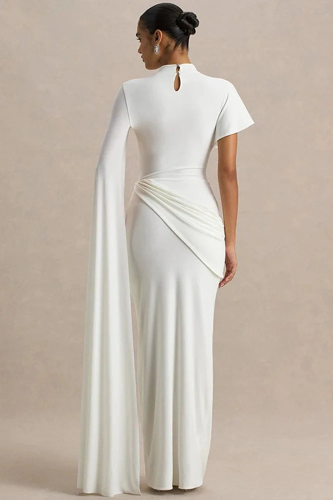 One Cape Sleeve O Neck High Collar High Waist Maxi Dress