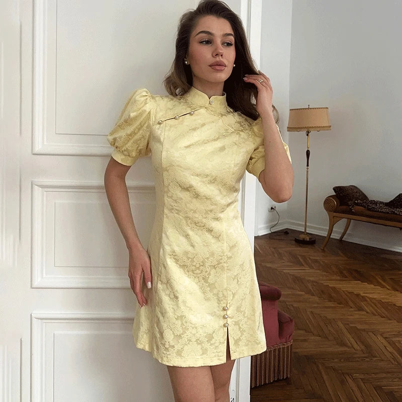 Printed Button Patchwork Mini Dress
