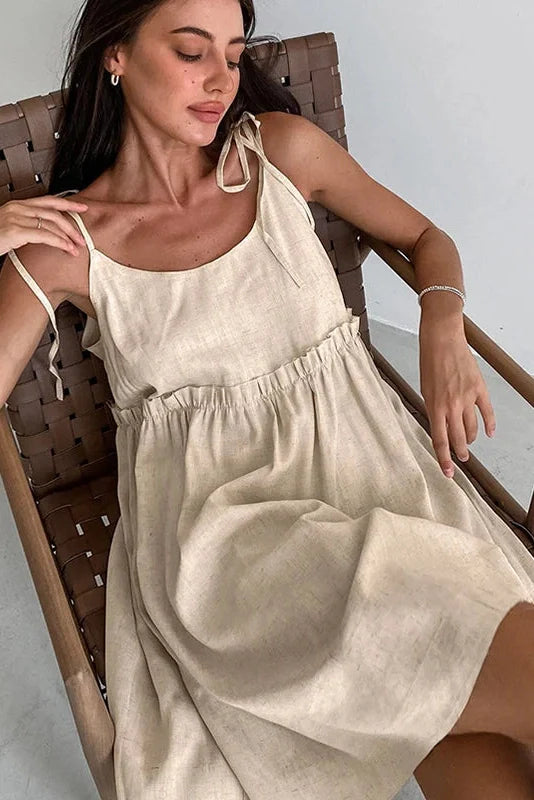 Spaghetti Strap Loose Cotton Lace Up Mini Dress