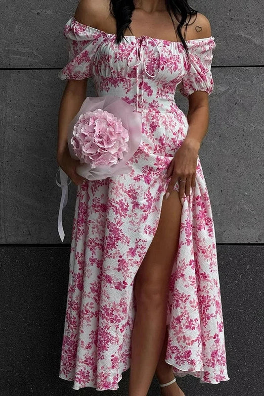 Off Shoulder Floral Print Short-Sleeved Lace-Up Slit Maxi Dress