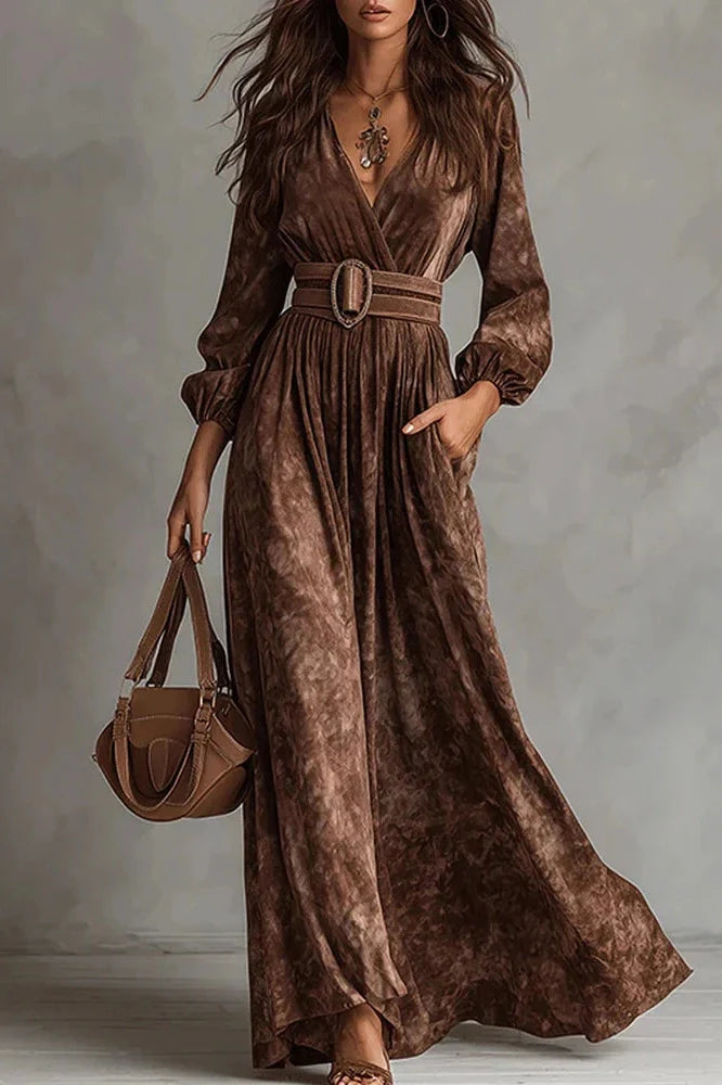 Elegant High Waist Long Sleeve Pleated V-Neck Maxi Dress