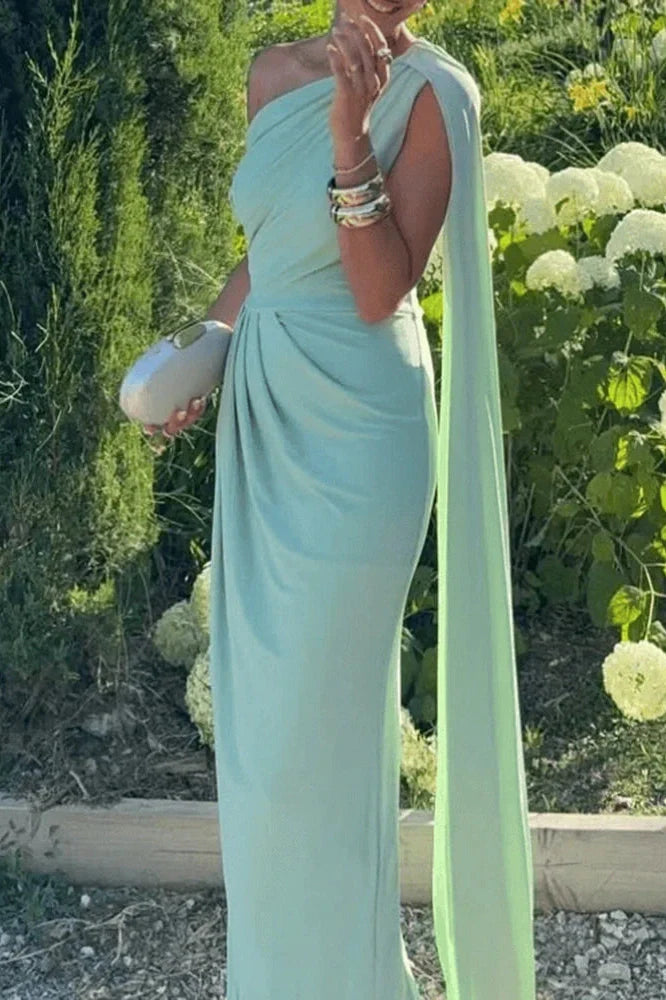 Hollow Out One Shoulder High Waist Sleeveless Slim Pleated Maxi Dress