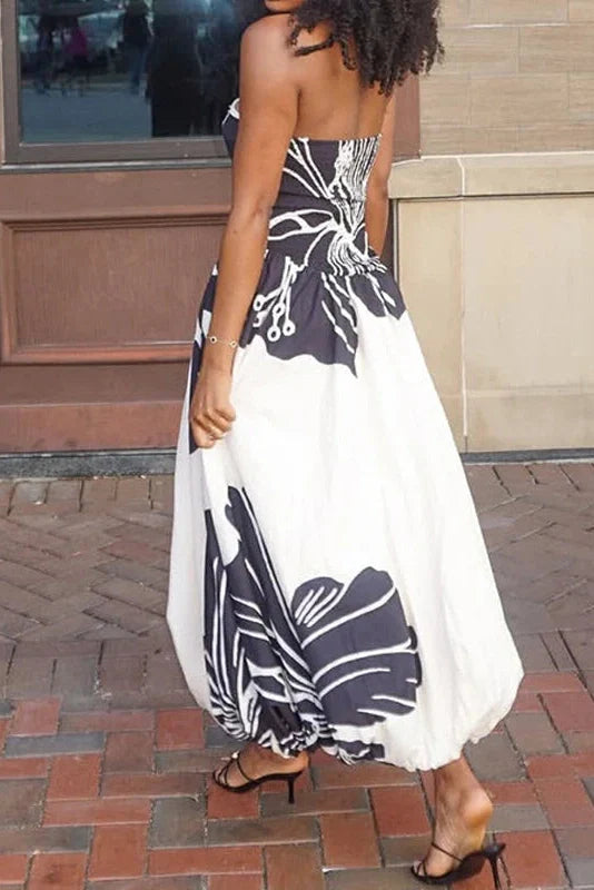 Off Shoulder Sleeveless High Waist Printed Pleated Maxi Dress