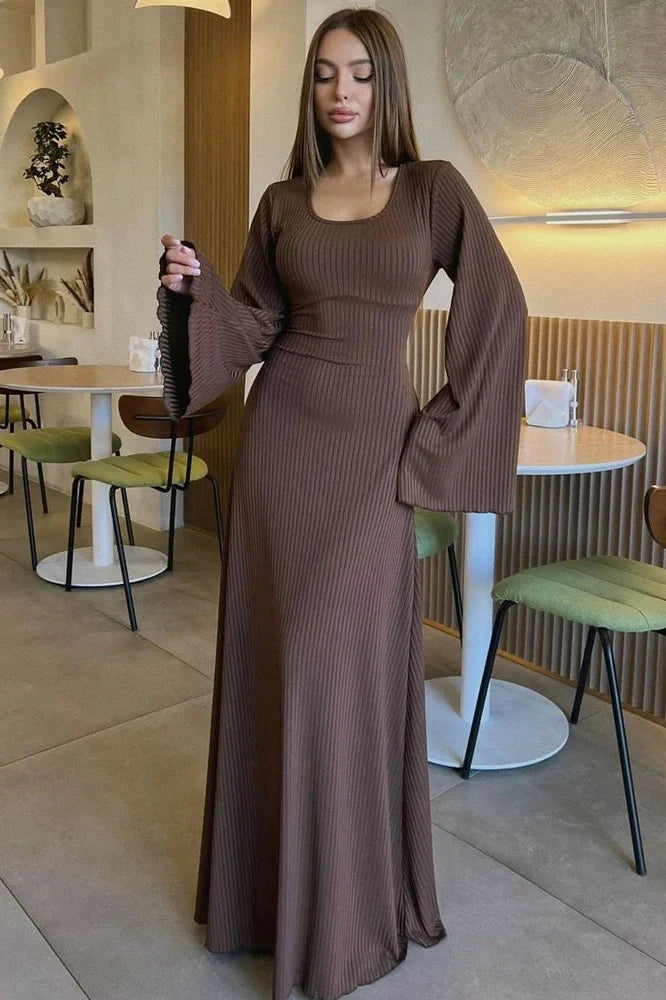 Lace-Up Long Sleeve Slim Loose Maxi Dress