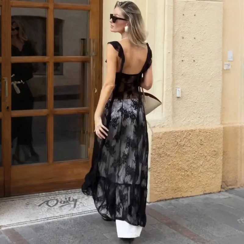 See Through Patchwork Split Backless Maxi Dress