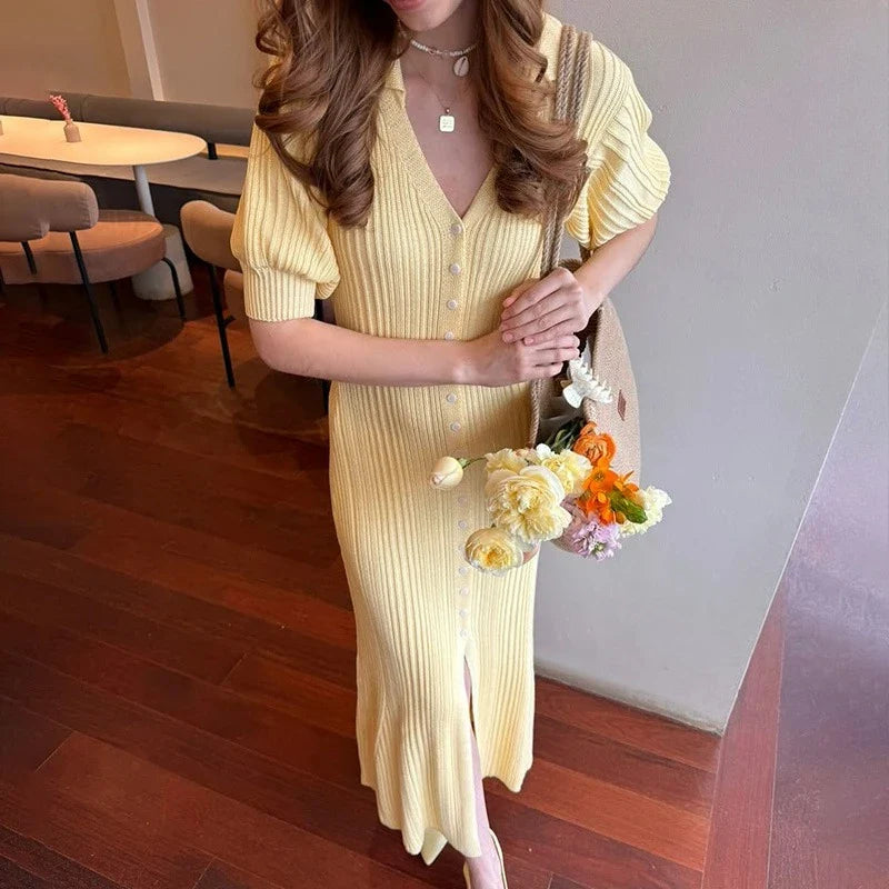 V-Neck Single Breasted High Waist Maxi Dress