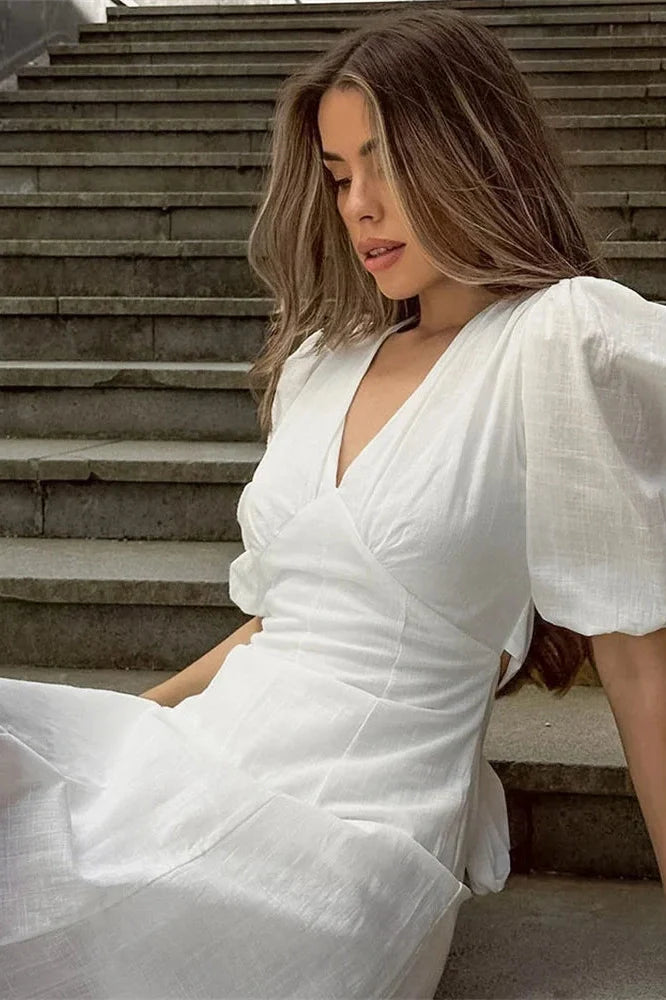Backless Short Sleeve Slim V-Neck High Waist Midi Dress