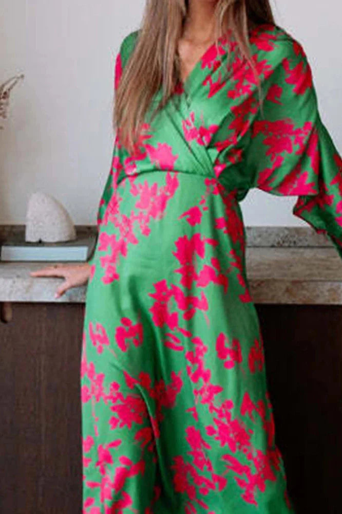 Elegant Long Sleeve High Waist Printed V-Neck Maxi Dress