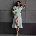 Printed V Neck High Waist Lace Up Midi Dress
