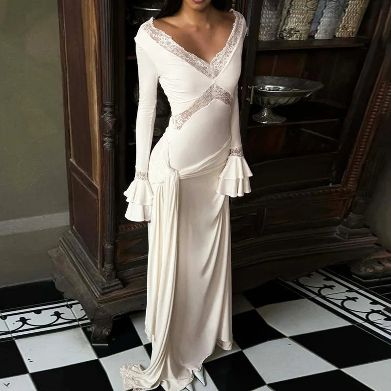 Elegant V-Neck Lace Lace-Up Patchwork Maxi Dress