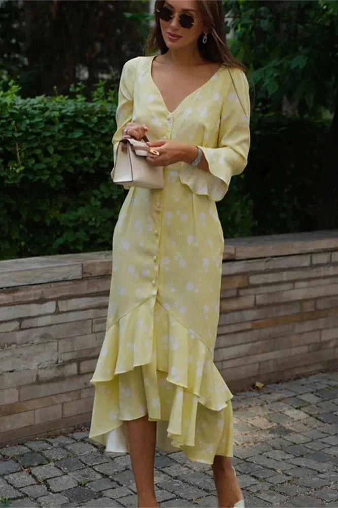 V-Neck Printed Lace-Up Patchwork Slim Midi Dress