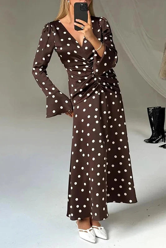 Long Sleeve V-Neck Printed Pleated Maxi Dress