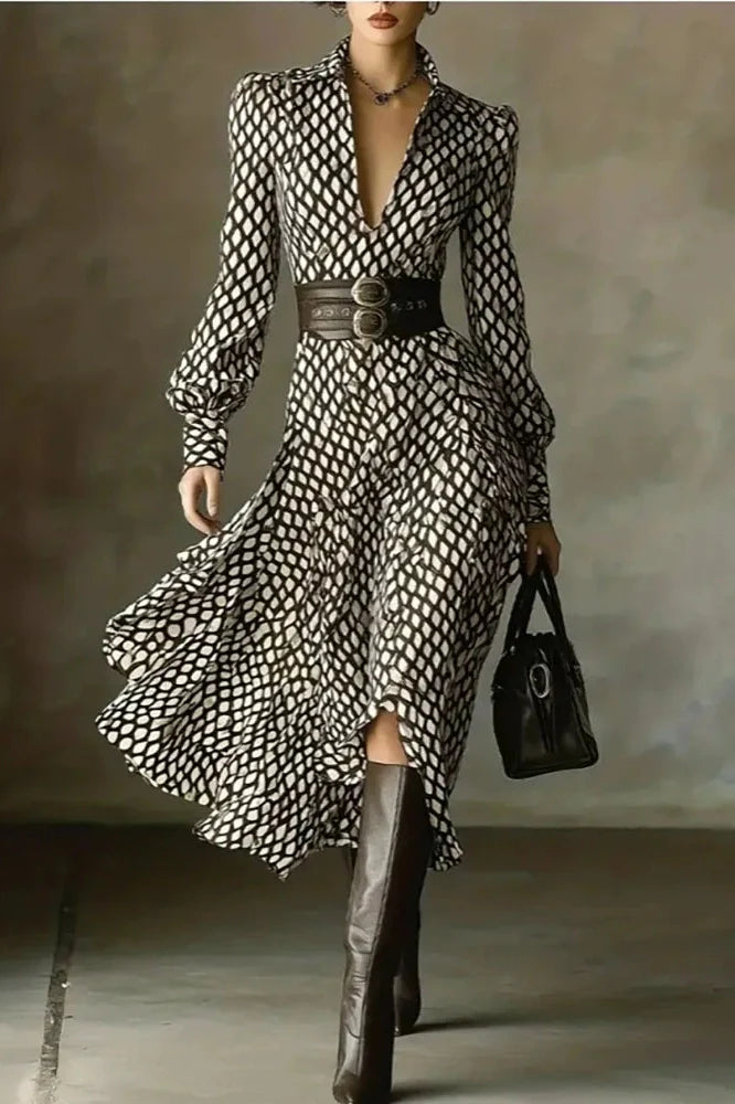 Elegant Pleated High Waist Printed Long Sleeve Midi Dress