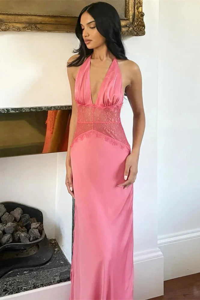 V-Neck Lace Patchwork See-Through High Waist Maxi Dress