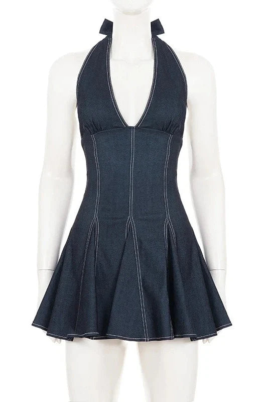 Elegant Pleated Sleeveless Backless Slim Mini Dress