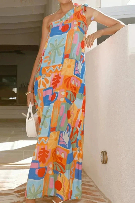Slash Collar One-Shoulder High Waist Pleated Loose A-Line Maxi Dress