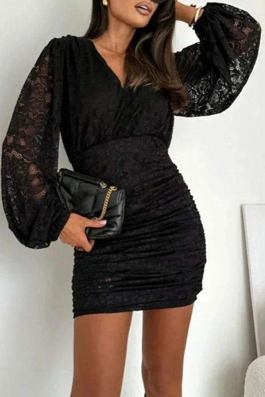 Elegant Slim High Waist Pleated Lace V-Neck Long Sleeve Mini Dress