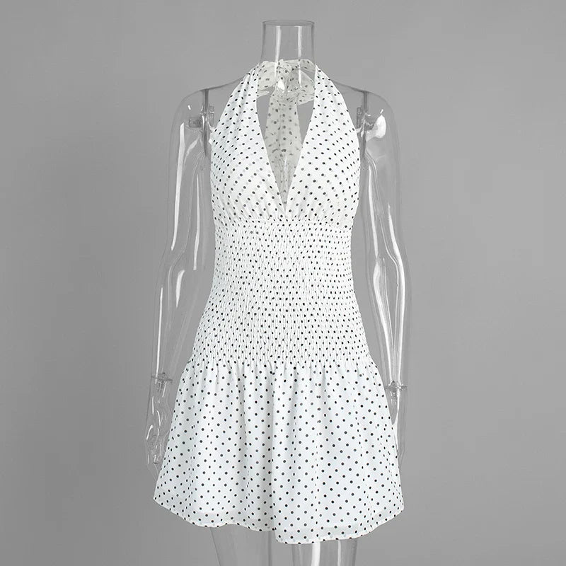 Polka Dot Pleated Lace Sleeveless Mini Dress