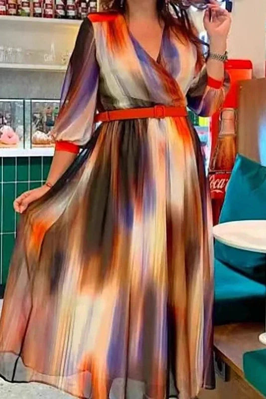 Half Sleeve Loose V-Neck Printed Pleated Maxi Dress