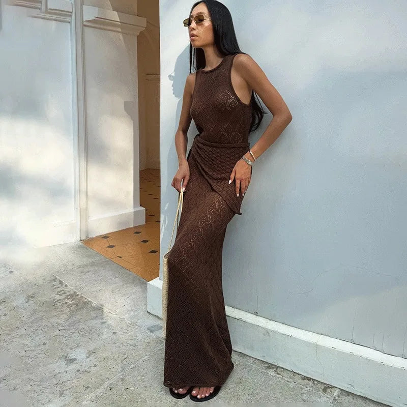 Elegant Hollow Out See-Through Sleeveless Maxi Dress