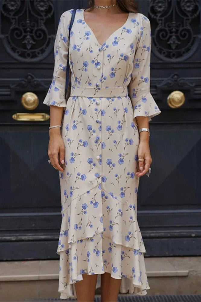 V-Neck Printed Lace-Up Patchwork Slim Midi Dress