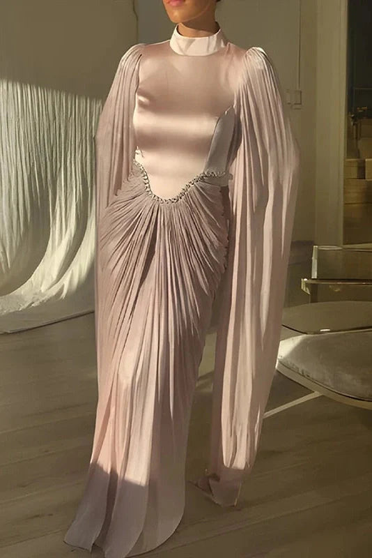 Long Sleeve High Waist O-Neck Pleated Maxi Dress