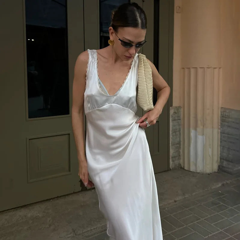 Sleeveless Slim Lace V Neck Maxi Dress