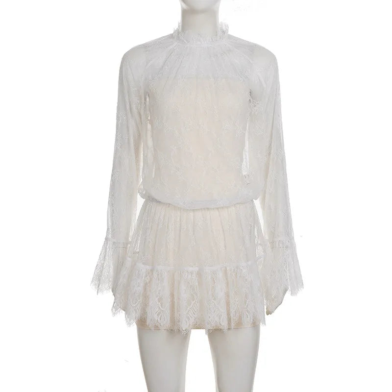 See Through Lace Long Sleeve High Waist Mini Dress