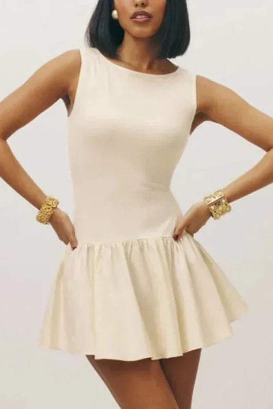 Sleeveless Pleated High Waist Round Neck Slim Mini Dress