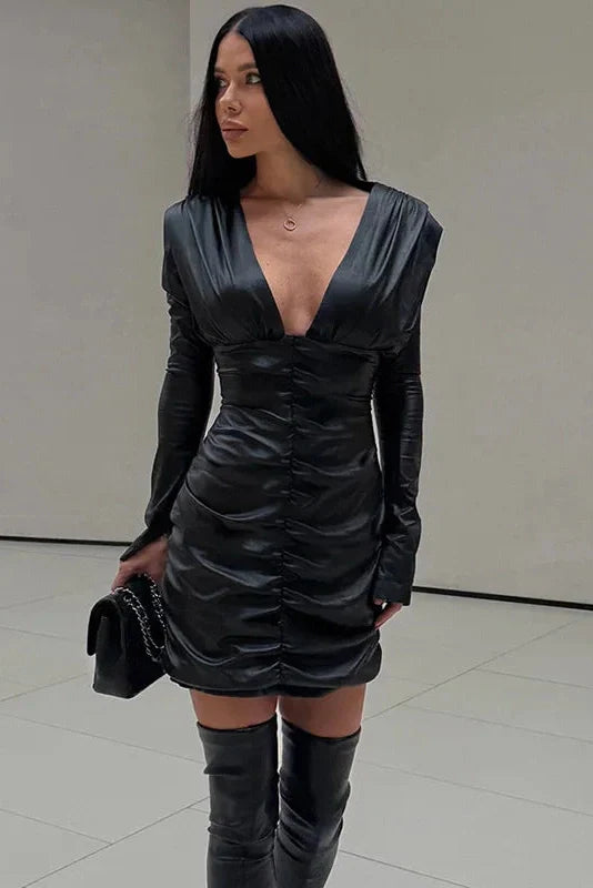 Pleated Long-Sleeved V-Neck Slim Patchwork Mini Dress