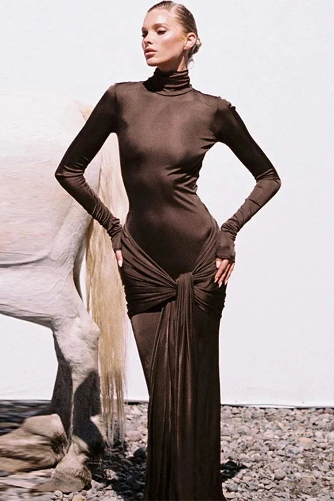 Elegant Turtleneck Long Sleeve Bodycon Maxi Dress