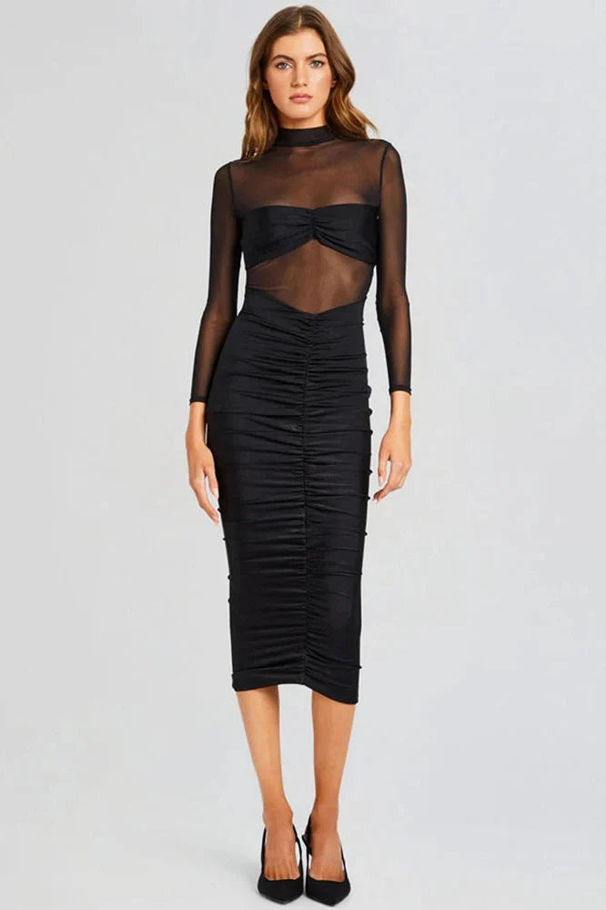 Long Sleeve See Through Backless Bodycon Maxi Dress