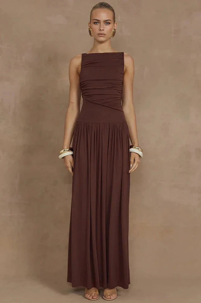 Elegant Sleeveless Boat Neck Maxi Dress