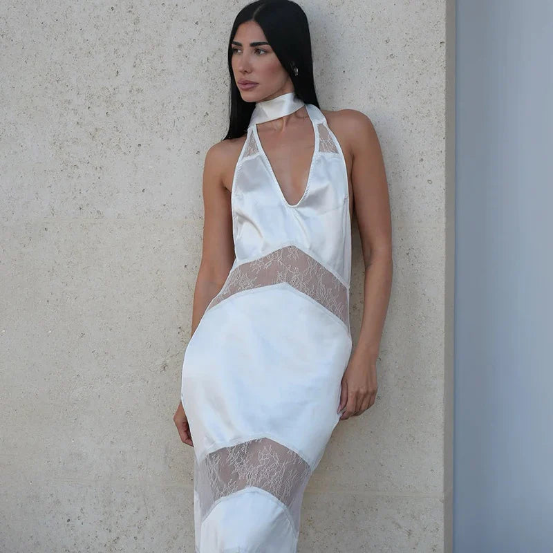 Lace Deep V Neck Backless Slim Maxi Dress
