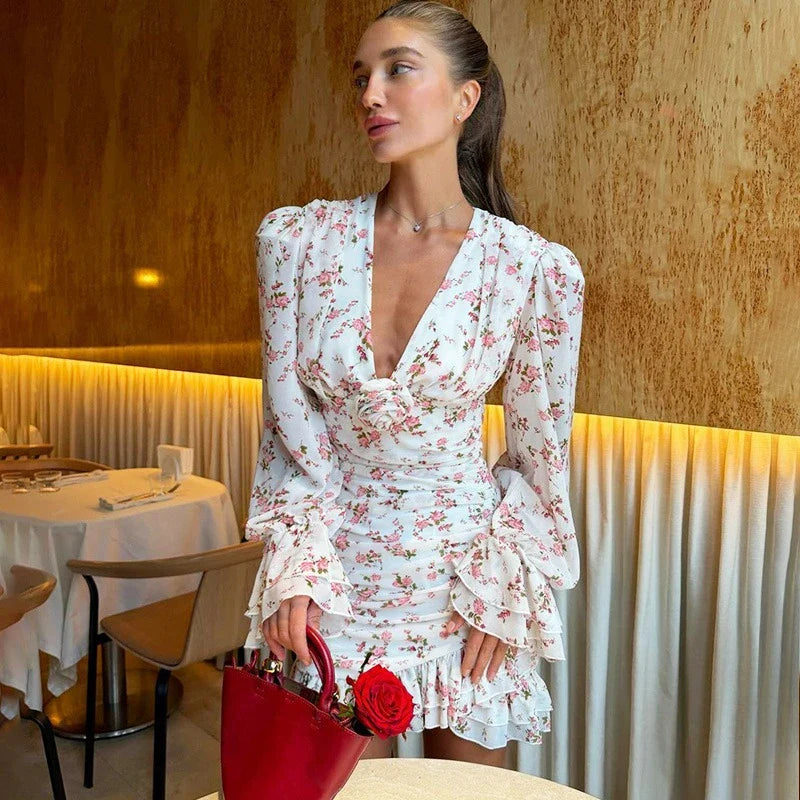 Floral Print V-Neck Pleated Patchwork Mini Dress