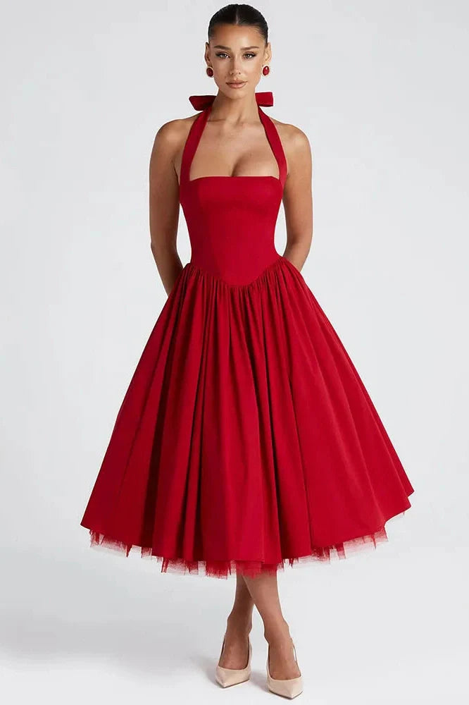 Backless Square Collar Sleeveless High Waist A-Line Midi Dress