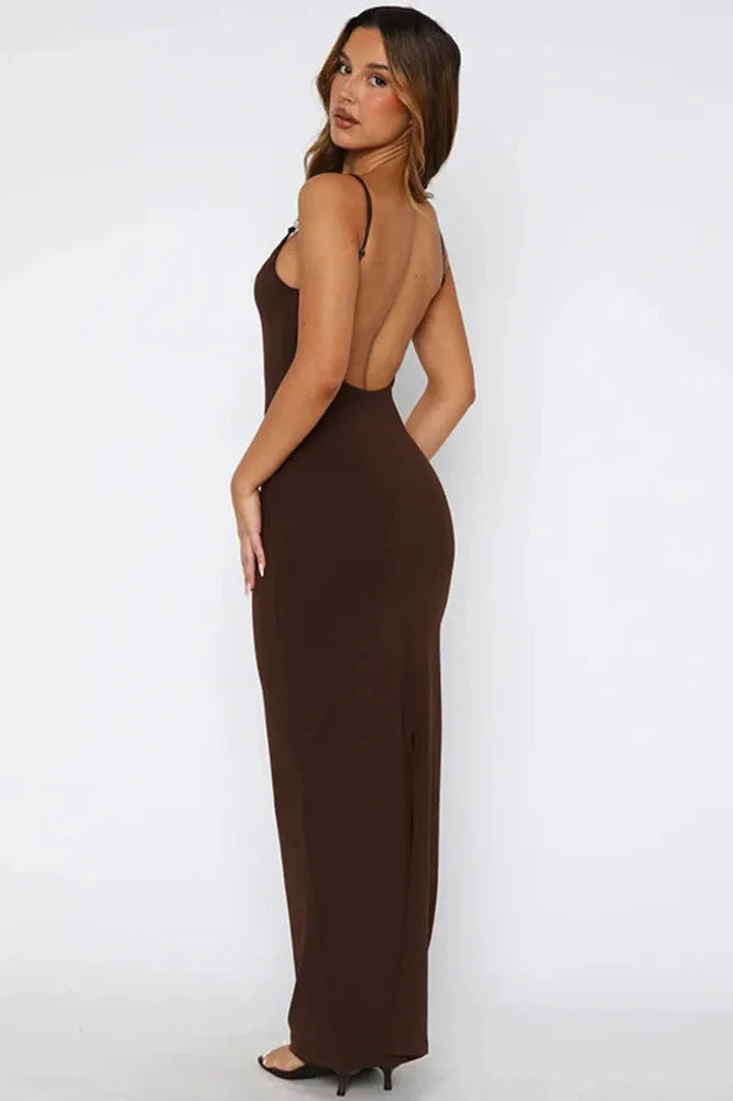Spaghetti Strap Backless Sleeveless Split Bodycon Maxi Dress