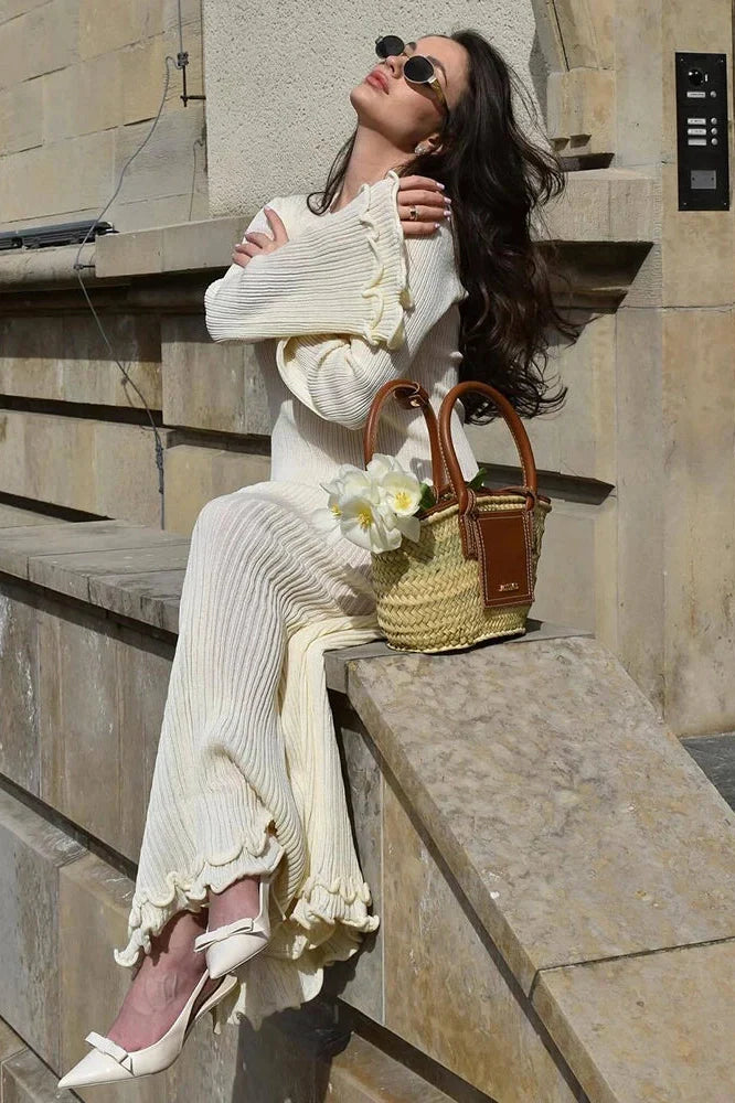 Elegant Pleated Knit Lace-Up Long Sleeve Loose Maxi Dress