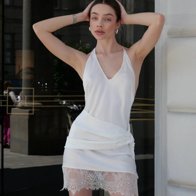 Lace Patchwork V-Neck Bodycon Mini Dress