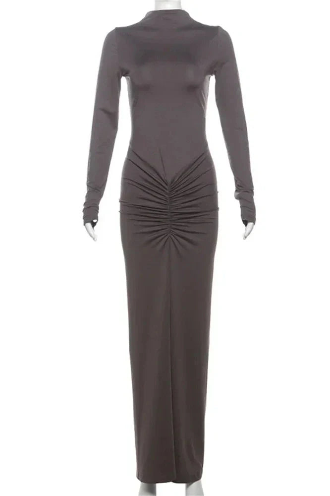 Pleated Patchwork High Waist Long Sleeve Slim Maxi Dress