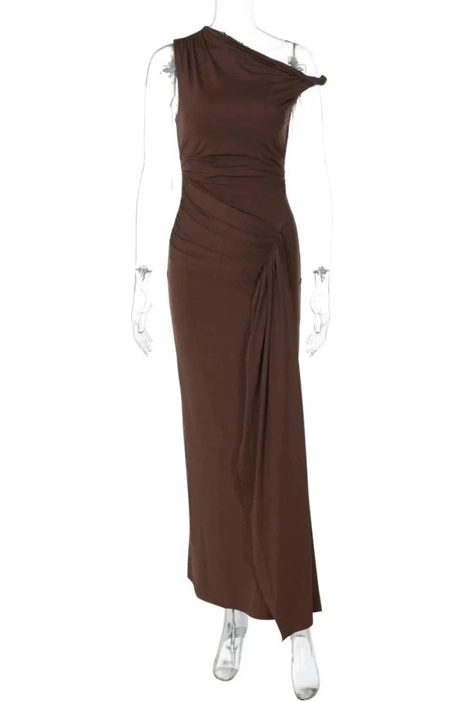 One Shoulder Slim Sleeveless Patchwork Pleated Maxi Dress