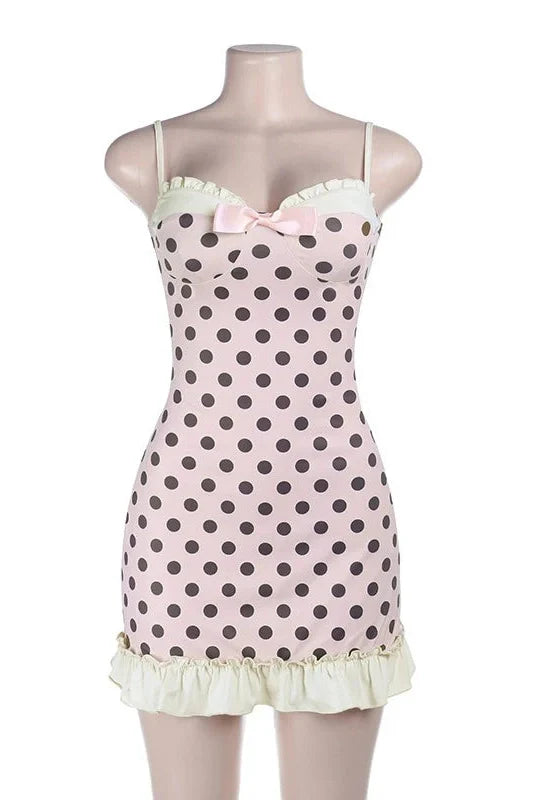 Strappy Polka Dot Slim Tie V-Neck Mini Dress