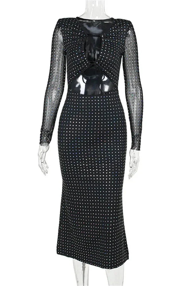 Hollow Out Lace-Up High Waist Patchwork Midi Dress