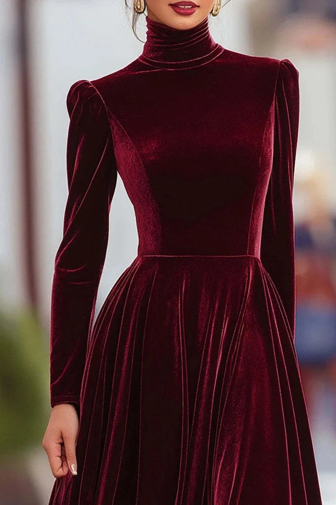 Elegant High Collar Long Sleeve Slim Pleated Maxi Dress