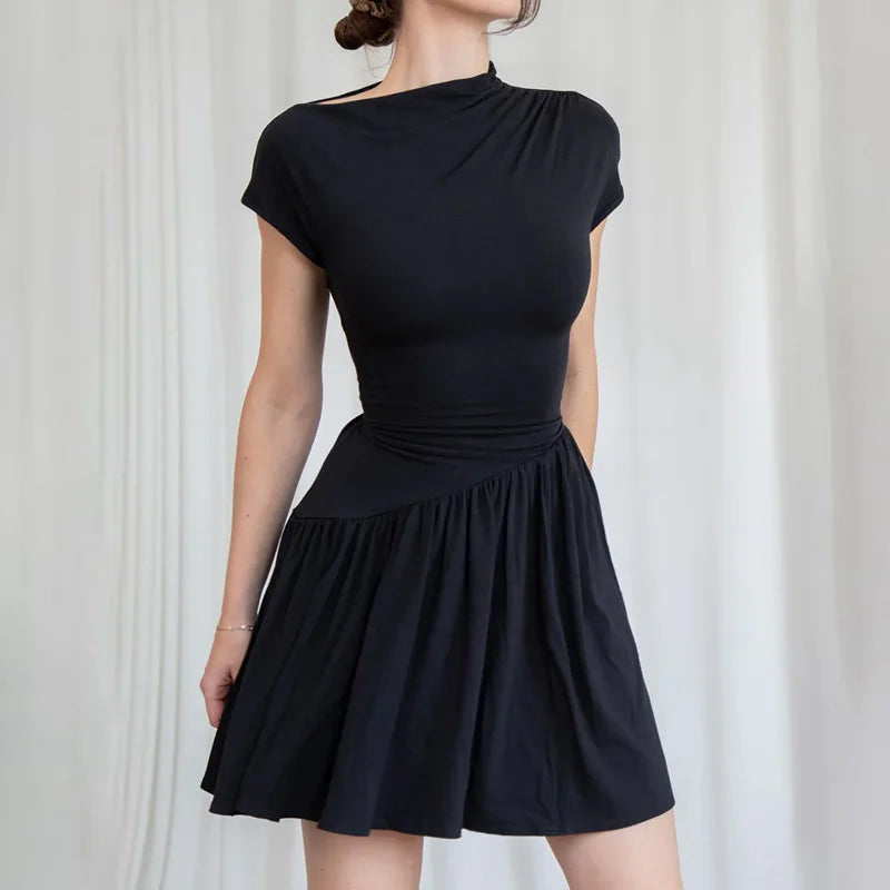 Lace Up Patchwork Elegant Round Neck Mini Dress