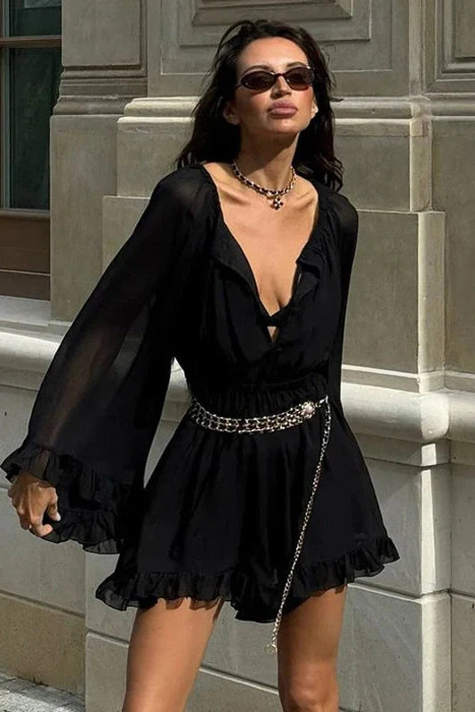 See-Through Long Sleeve Square Collar High Waist Pleated A-Line Mini Dress