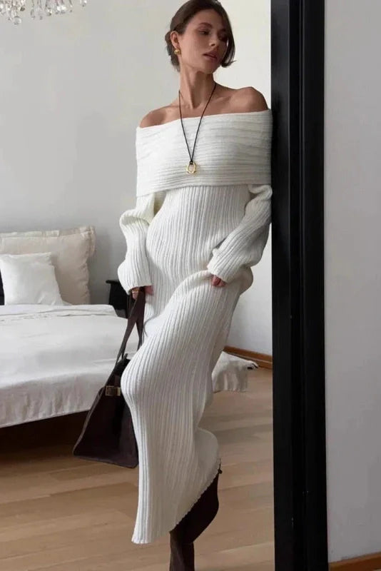 Knitted Off-Shoulder Long-Sleeved Slim High Waist Backless Maxi Dress