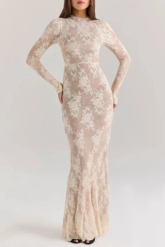 Hollow Out O-Neck Pleated Printed Lace Long Sleeve Slim Maxi Dress